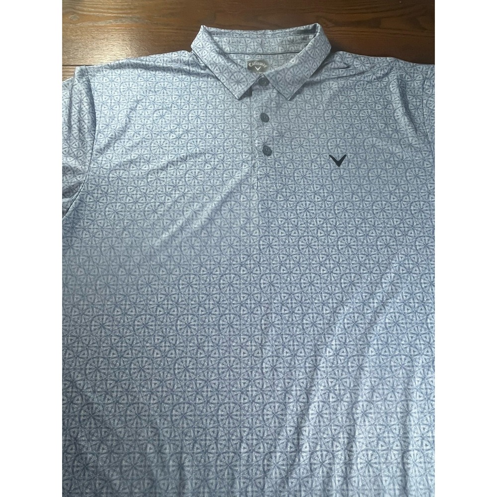 Callaway Polo Shirt XL Blue Geometric Kaleidoscope AOP Opti-Dri Stretch Logo